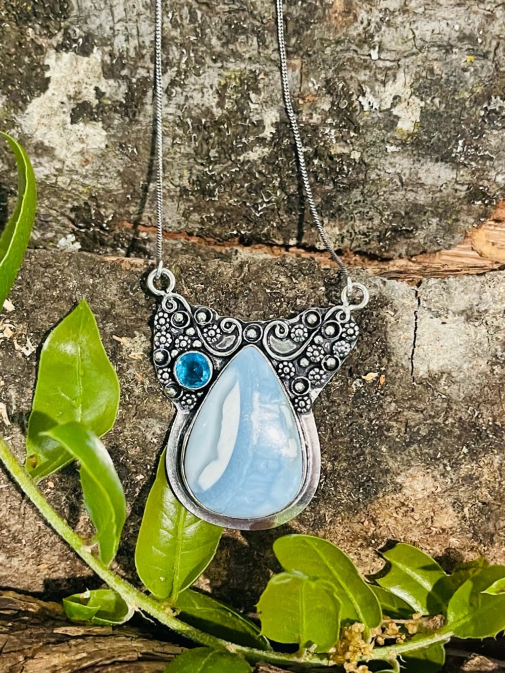 Owyhee Opal Blue Topaz 925 Sterling Silver Necklace